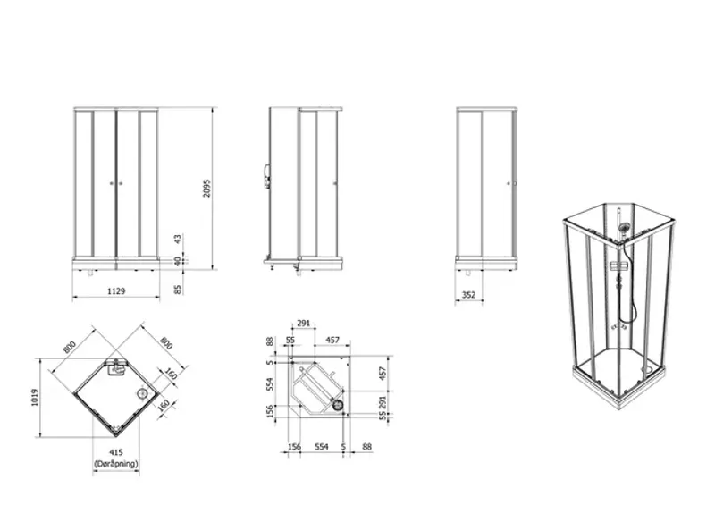 Dusjkabinett SOFIA rett pluss 80x80 hvit/klar