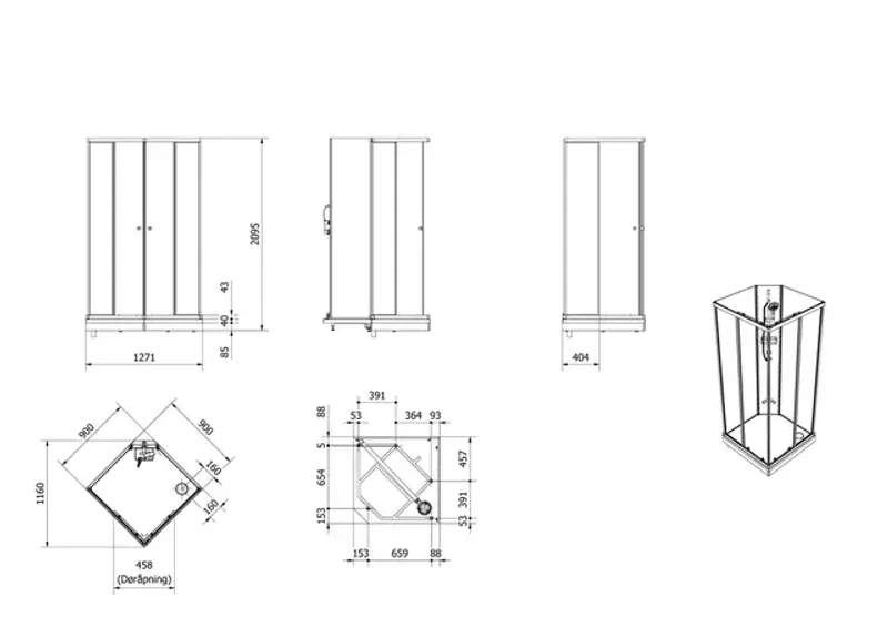 Dusjkabinett SOFIA rett pluss 90x90 90x90x210cm hvit/klar