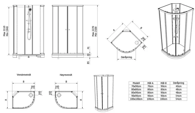 Dusjkabinett SOFIA standard 90x90x210cm hvit/hvit støpemarmor
