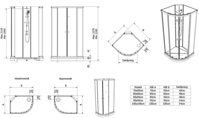 Vikingbad SOFIA Dusjkabinett pluss 90x90x210, sort/hvit