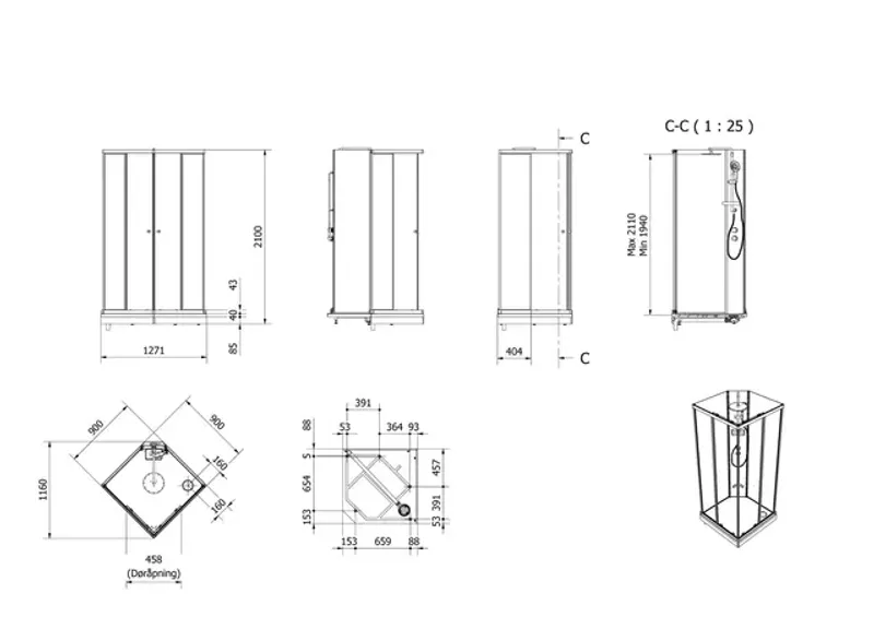 VikingBad Dusjkabinett SOFIA rett pluss 90x90 90x90x210cm hvit s