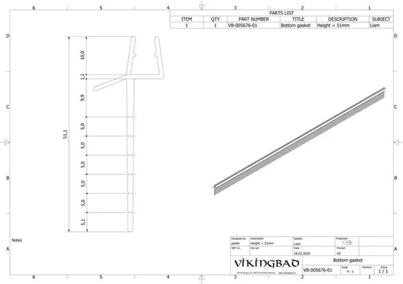 Vikingbad Subbelist LIAM rett, rivbar 100 cm – 51 mm (PVC)
