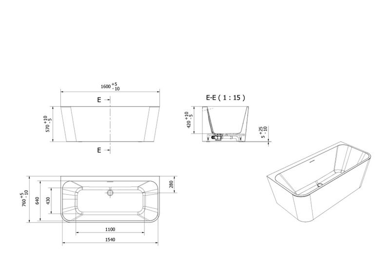 VikingBad Dybe Rett Badekar, 160cm